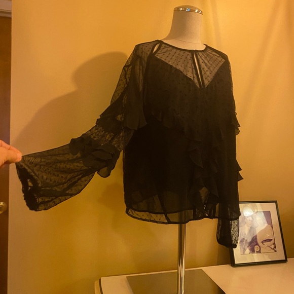 🐈⬛ GUESS black Sheer Ruffle Blouse puffed sleeve pirate Renaissance maiden - Picture 6 of 9